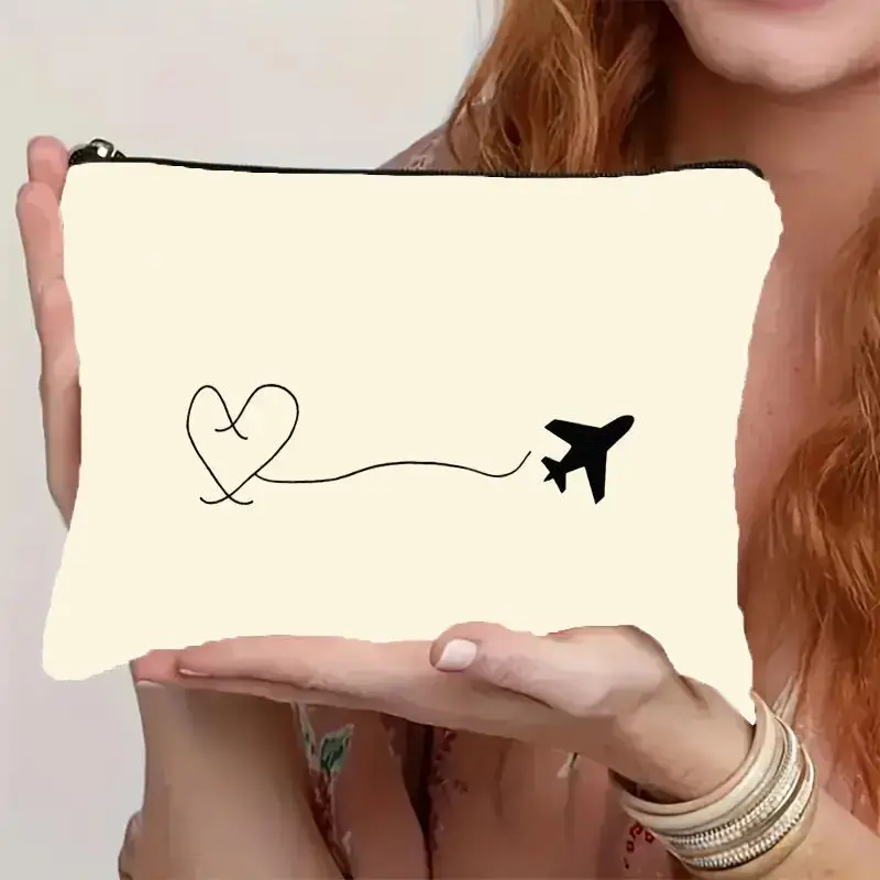 1Pc Simple Heart-Shaped Airplane Retro Design Multifunctional Travel Makeup Bag, Snack Storage Bag, Stationery Storage Bag, Fashionable Toiletry Bag, Canvas Double-Sided Printed Zipper Pouch