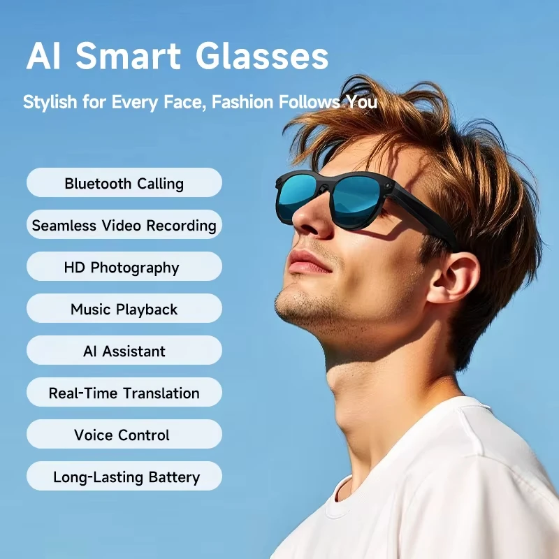2026 AI Smart Glasses HD Photo Video Record Translation Voice Assistant Bluetooth Call Music Multifunction Mototcycle Glasses