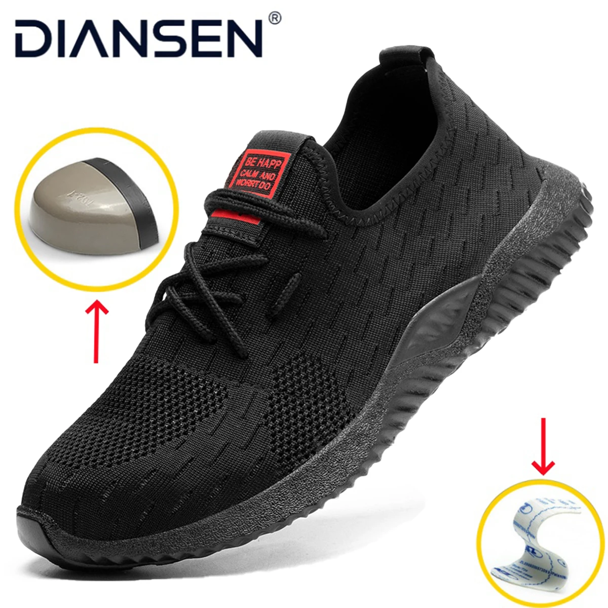 Lightweight Men's Black Sneakers Anti-Slip Wear Resistant Work Shoes Lightweight Breathable Construction Safety Working Boots