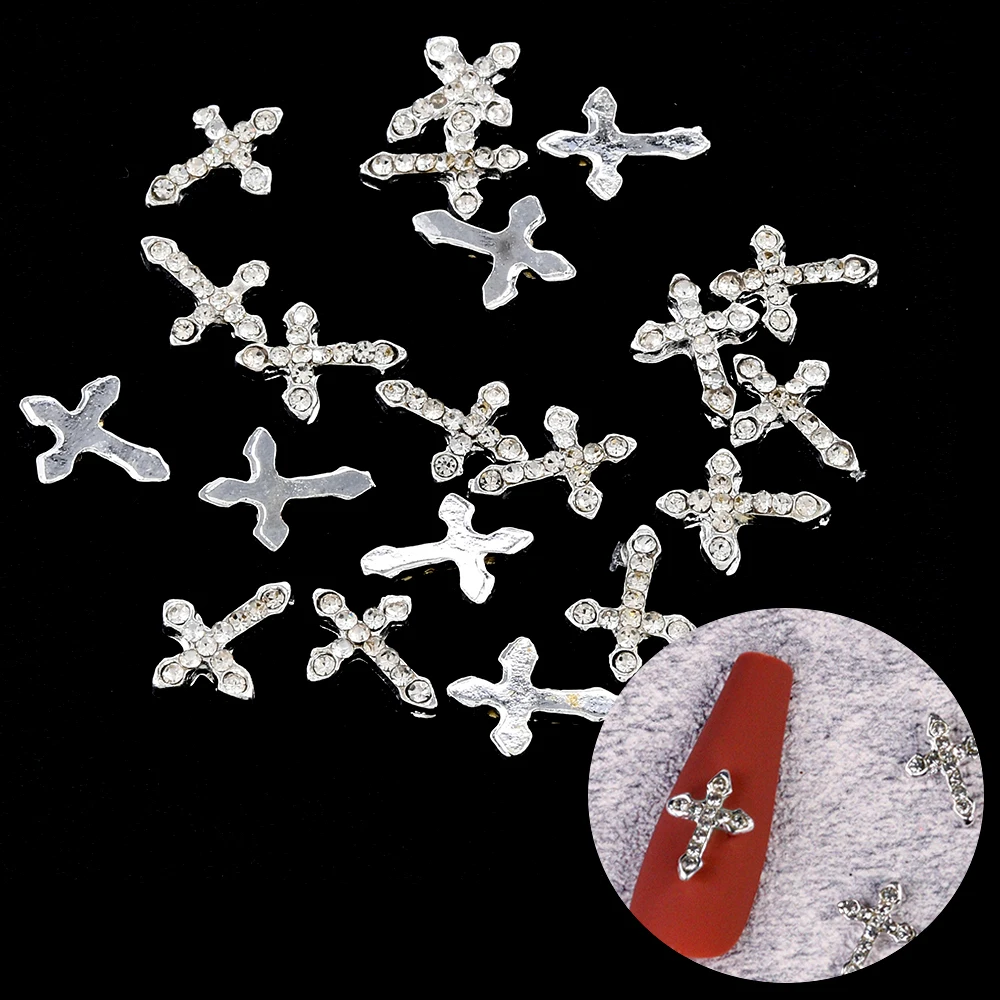 10 Pcs Classic Full Glitter Rhinestones Cross 3d Nail Charms Punk Silver Cross Nail Art decor Luxury Glitter Alloy Cross -123