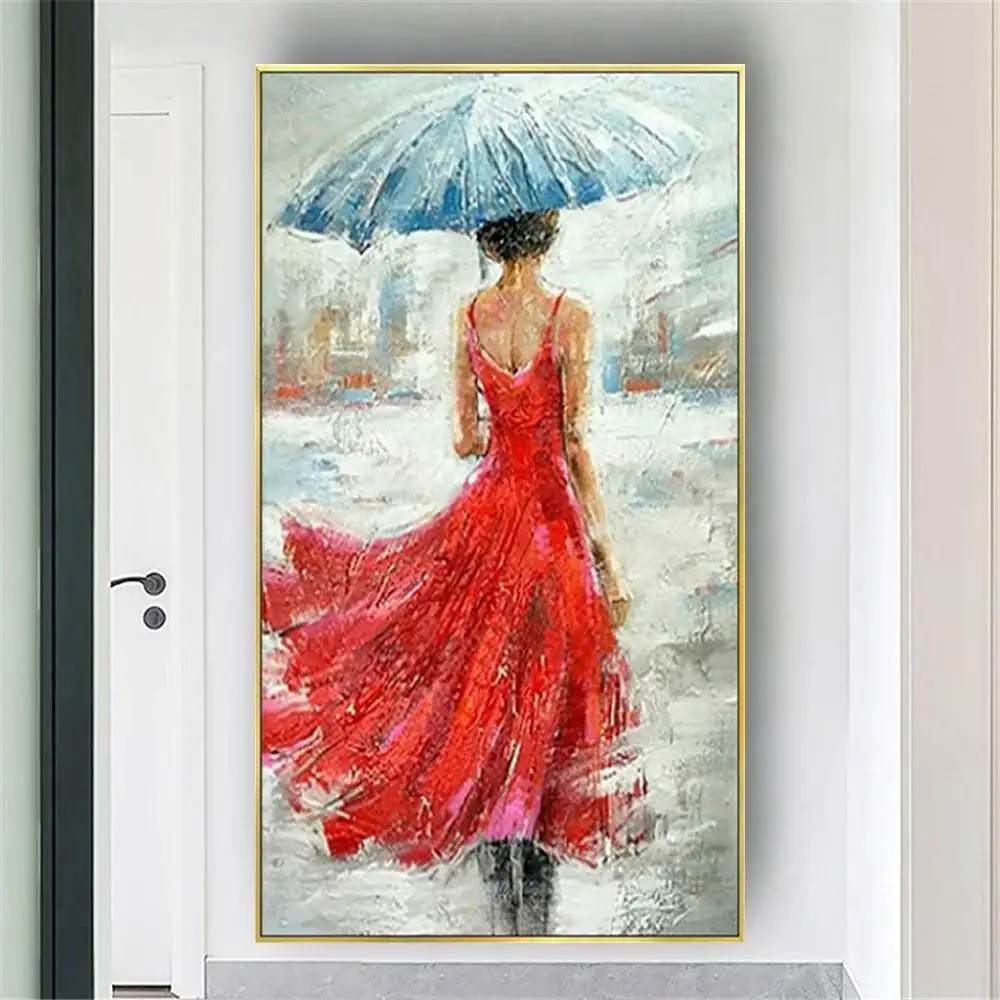 لوحة زيتية حديثة على قماش ، فتاة في فستان أحمر ، فن جداري لغرفة المعيشة ، ديكور منزلي