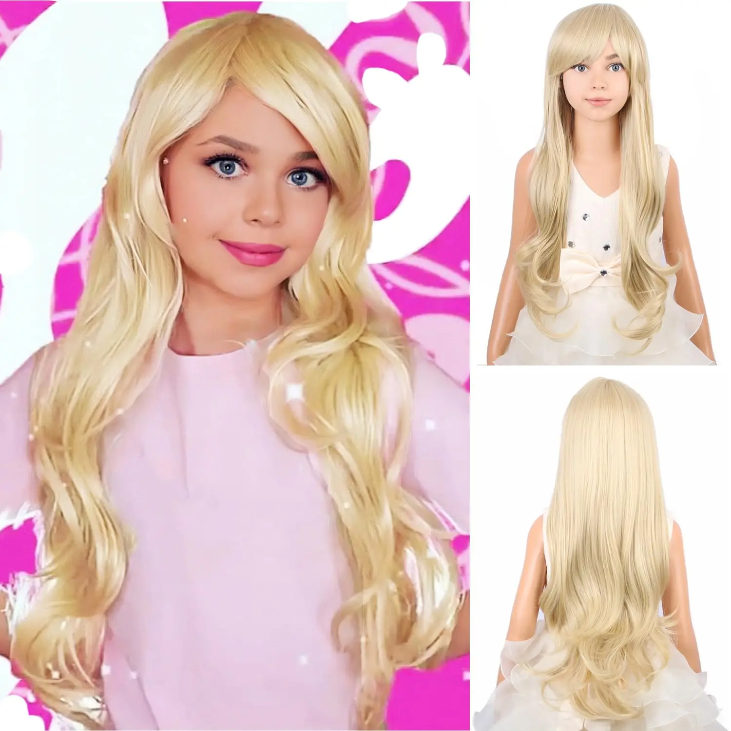 Long Blonde Wavy Wig for Kids Child Blonde Wig with Bangs Girls Light Blonde Long Wigs Synthetic Wig