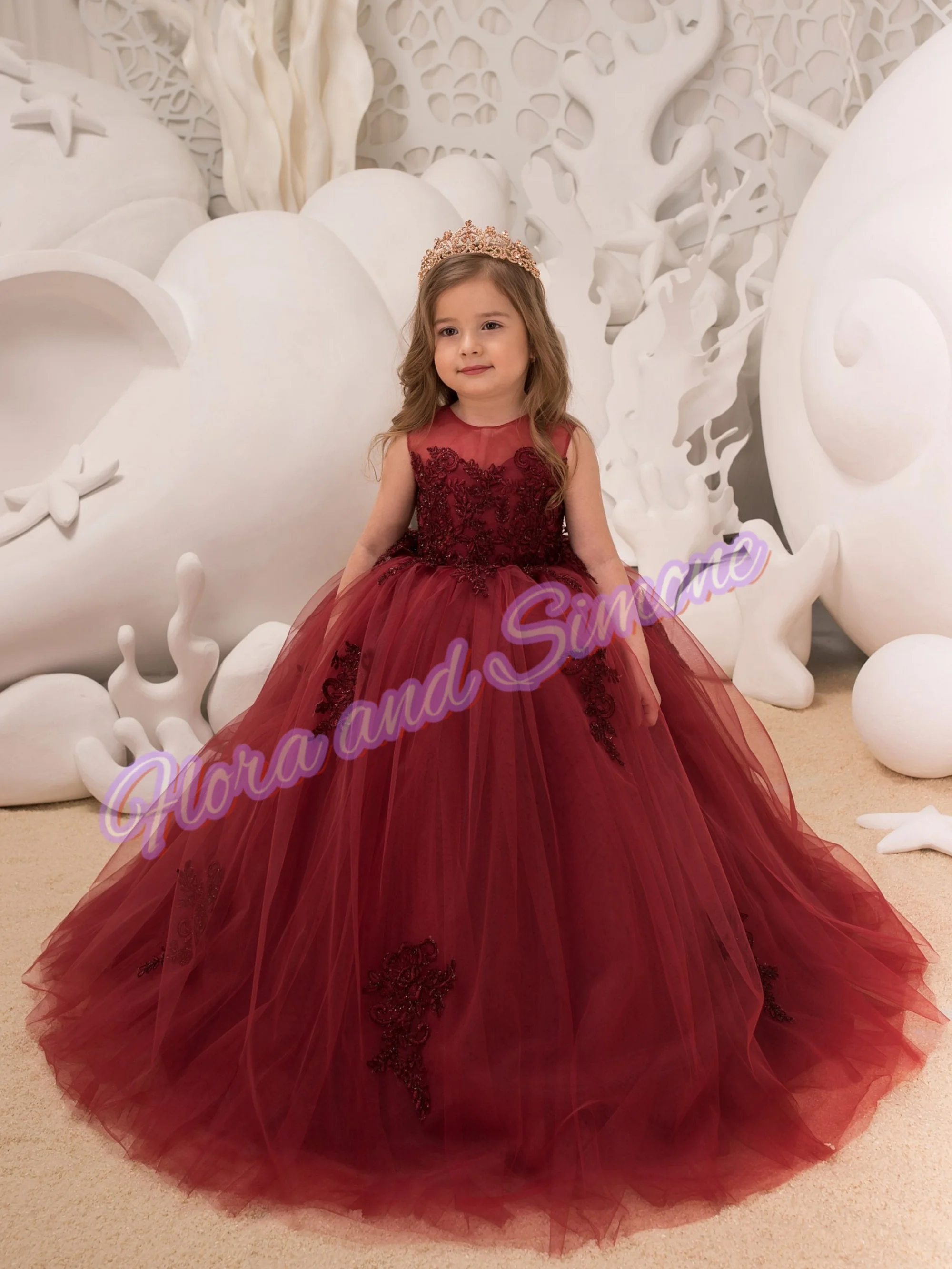 

Индивидуальное платье для девочек с цветочными аппликациями, бордовое, из тюля, пышное, без рукавов, для свадьбы, дня рождения, банкета, платье принцессы