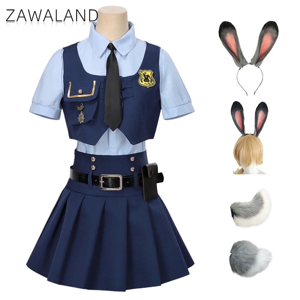 

Anime Movie Judy Hopps Cosplay Costume Woman Bunny Police Officer Blue Skirt Set Comic-con Stage Rabbit Ear Headwear Plush Tails