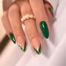 24pcs French Fake Nails Press on Simple Glitter Reusable Mid-length Almond False Nails Datachable Green Full Cover Manicure Set