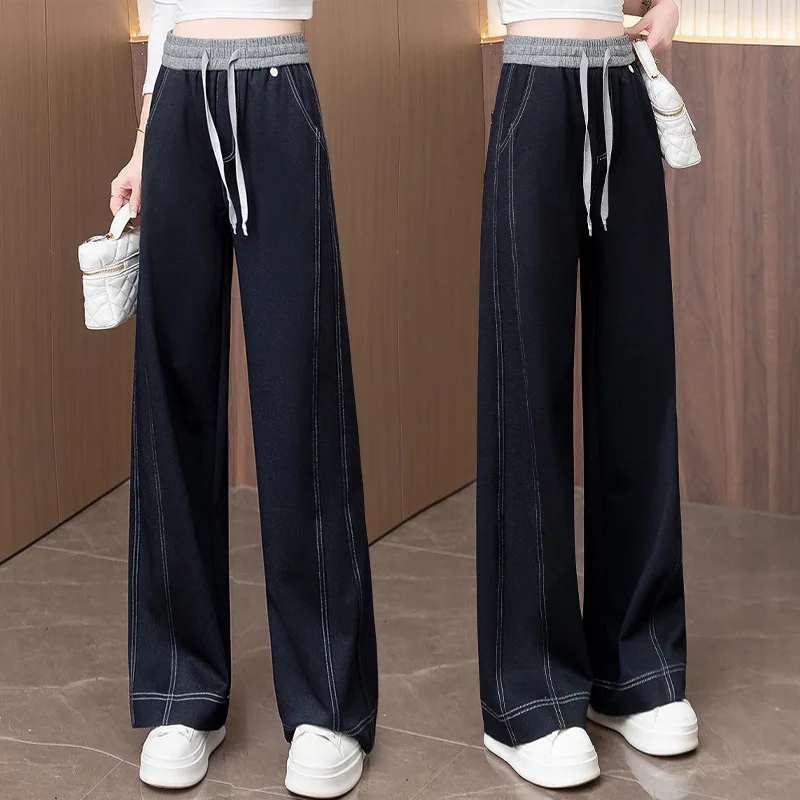 غير يتلاشى السراويل الدنيم المقاومة للتجاعيد مستقيم الساق للنساء، الخريف جديد الرباط مرونة عالية الخصر التخسيس ثنيات واسعة L #1