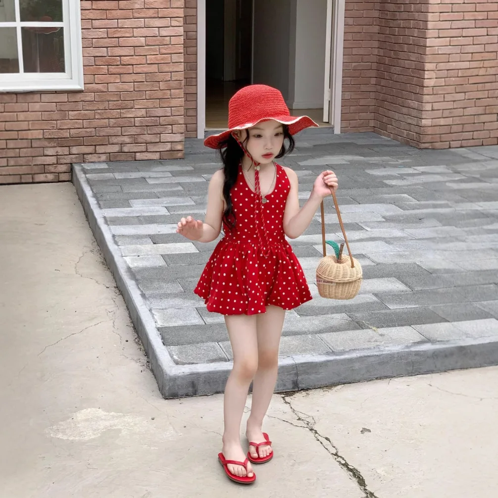 

Girls Skirt 2025 Summer New Childrens Clothing Korean Style Girl Baby Holiday Storm Point Hanging Neck Flower Bud Skirt
