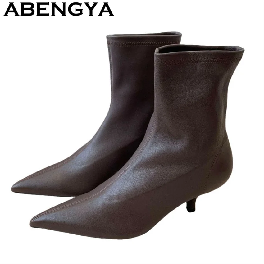 

ABENGYA ботинки челси на каблуке с острым носком, женские полусапожки из натуральной кожи, эластичные тонкие женские ботинки для подиума, модные недельные ботинки