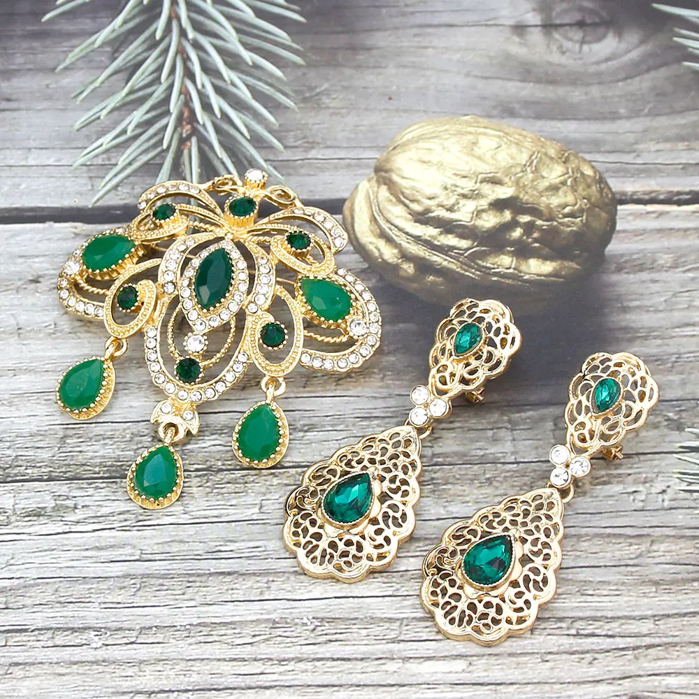 Sunspicems Gold Color Morocco Jewelry Bride Brooch Earring Sets Red Green Crystal Algeria Wedding Jewelry Sets Arab Hijab Pins