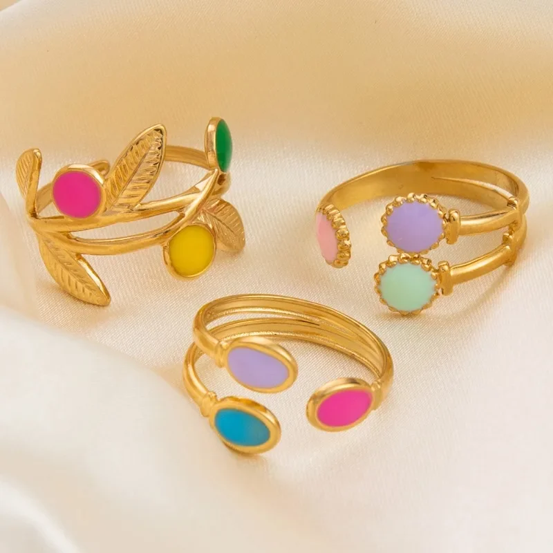 Boho Enamel Geometric Leaf Sunflower Open Rings Gold Plated Stainless Steel Rings For Women Aesthetic Couple Party Jewelry Gifts