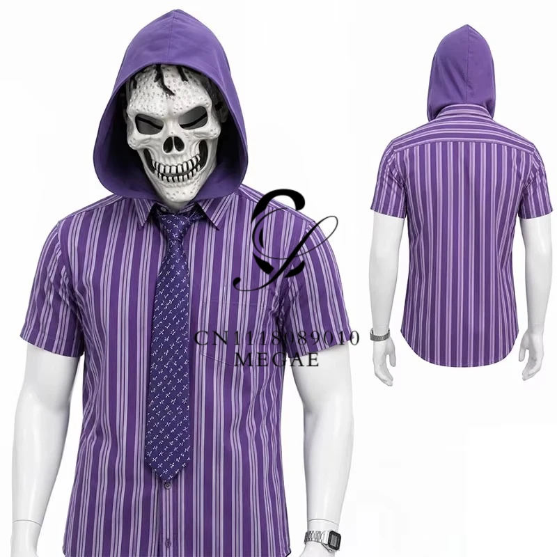 Skeletor Cosplay Costume With Mask Hooded Cape Shirt Watch Tie Daily Commuter Workwear Outfit Men Halloween Carnival Cos