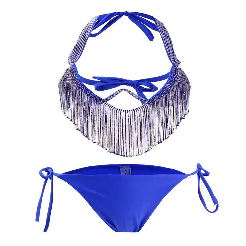 

2023 New Steel Cup Bikini, Two Piece Diamond Split Swimwear Set, Golden Tassels Shining Night Club Performance Apparel