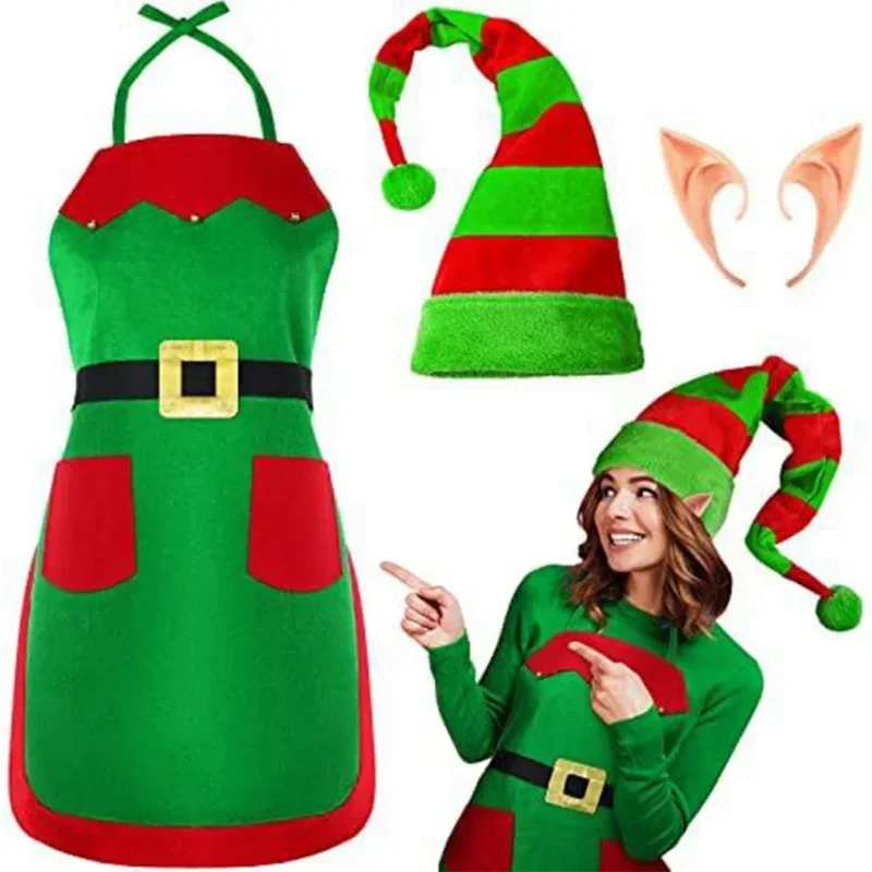 Sn88 2024 trajes de elfo de natal conjuntos de correspondência para mulheres meninas adulto natal papai noel traje engraçado avental meias sapatos headba