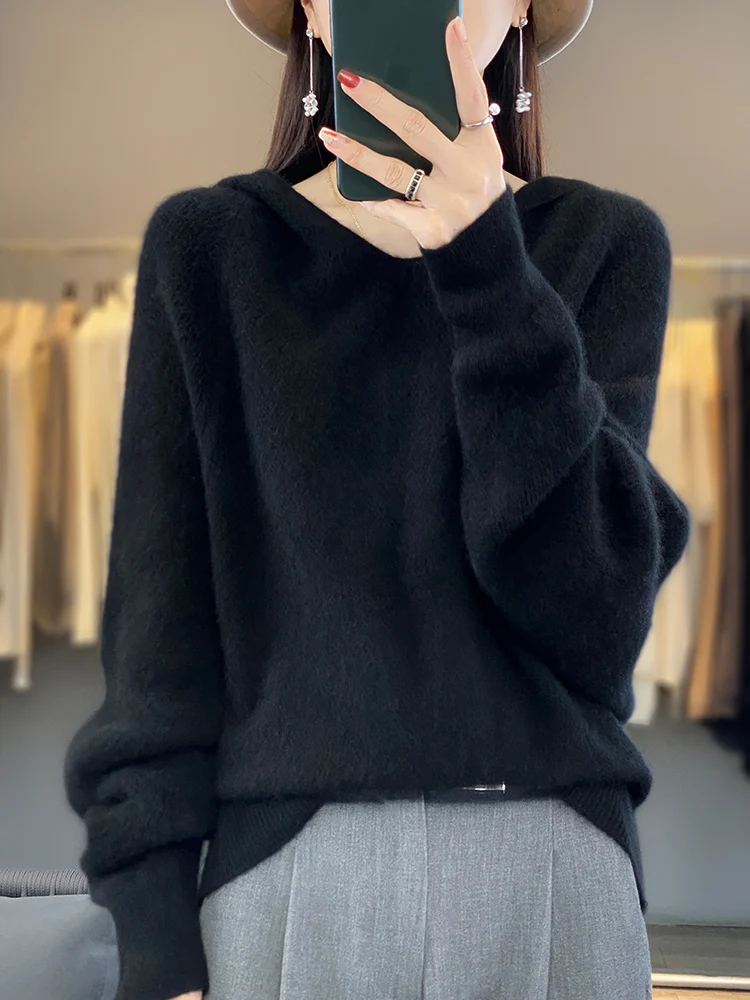 Fashion Loose Style Long Sleeve Cashmere Women Knitwear Sweater 100% Merino Wool Mock-Neck Pullover Hoodies Clothing Tops