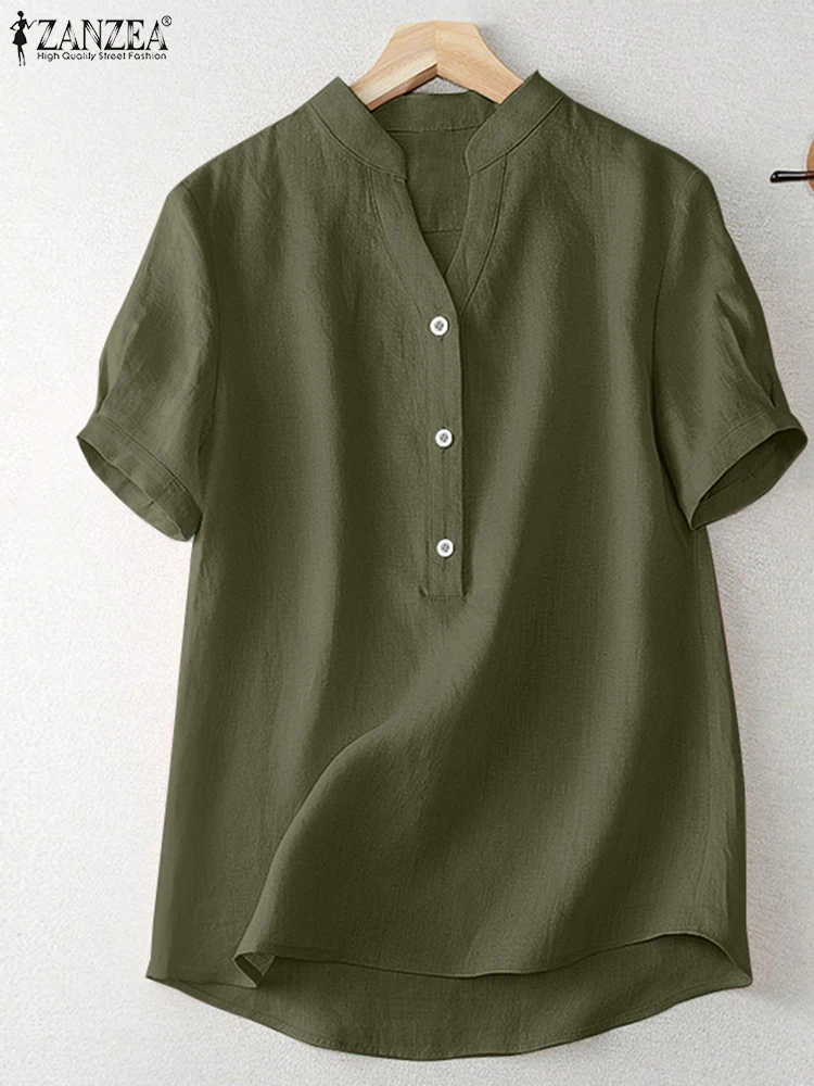 

2025 ZANZEA Women Summer Cotton Blouse Elegant V Neck Short Sleeve Work Shirt Solid Loose Tunic Tops Office Lady Blusas Mujer