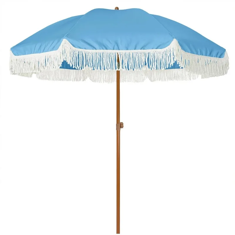 مظلة فناء بطول 7 أقدام مع مظلة شرابة خارجية بشراشيب بعامل حماية من الأشعة فوق البنفسجية 50 + عمود فولاذي فاخر وأضلاع #5