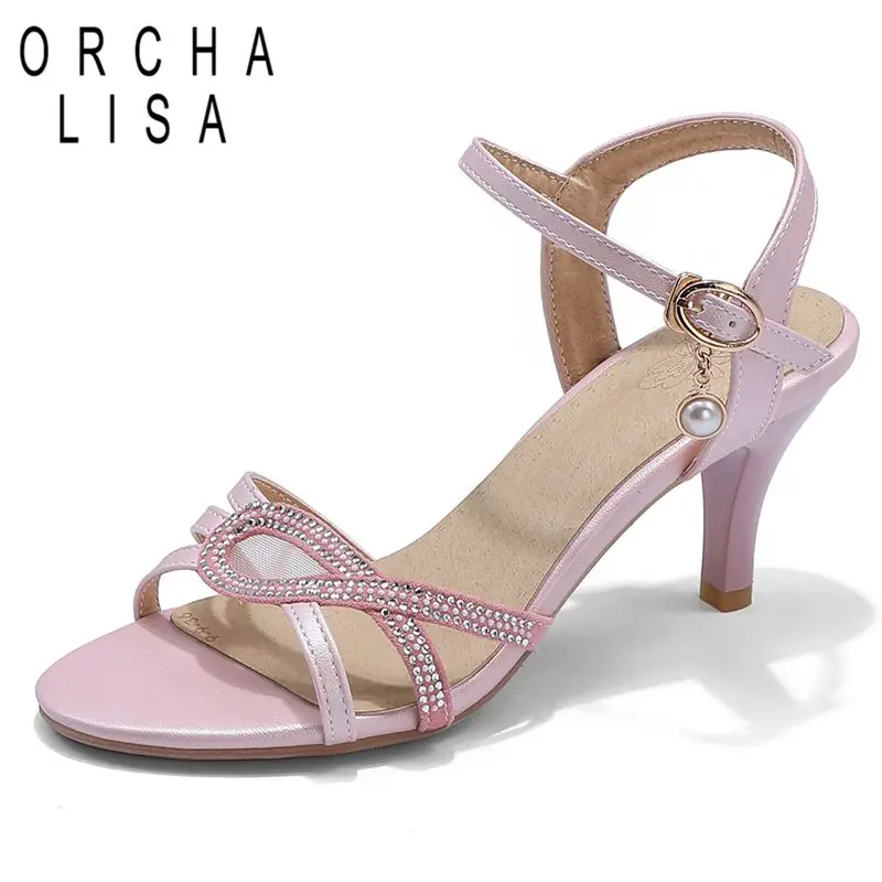 

ORCHA LISA Design Sweet Female Sandals Thin Heels 7cm Buckle Strap Crystal Plus Size 41 42 43 32 Fashion Dating Shoes for Women