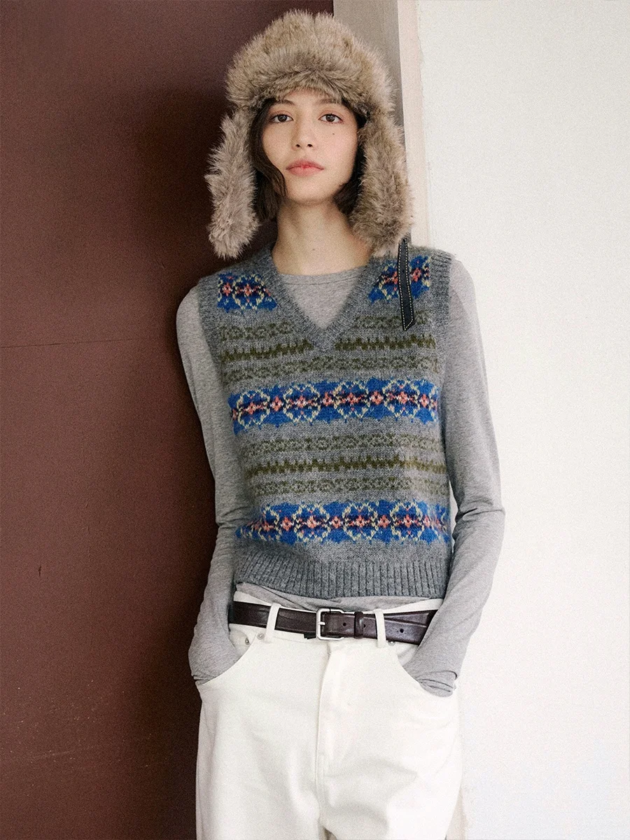 

Винтажный вязаный жилет в стиле ретро Fair Isle, лекционная текстура глаз, смесь шерсти Camere, другое 25, Camere 5, шерсть 60, другое