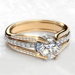 Huitan Luxury Lady Sparkling Finger Ring for Wedding Ceremony Fashion Gold Color Jewelry for Engagement Party Bridal Accessories