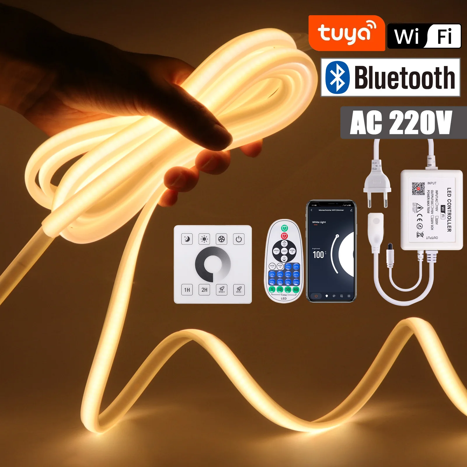 Tuya Wifi Bluetooth ściemniania AC 220V COB lampa neonowa 288 diod/M IP65 wodoodporny Panel sterowania elastyczną taśma wstążkowa taśmą LED