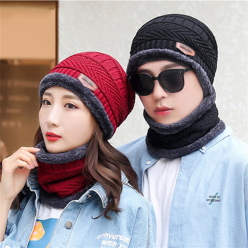 New Knit Fleece Scarf Winter Hat Soft Men And Women Beanie Warm Hat Thickening Plus Velvet Loose Winter Hat With Scarf