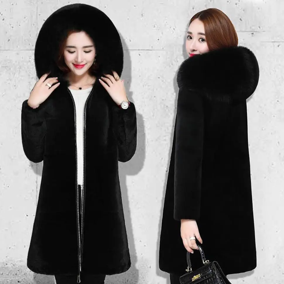 

Winter Faux Fur Jacket Black Hooded Parkas Coat Thicken Ladies Warm Long Overcoat 5XL Windproof Snow Outerwear JJ784