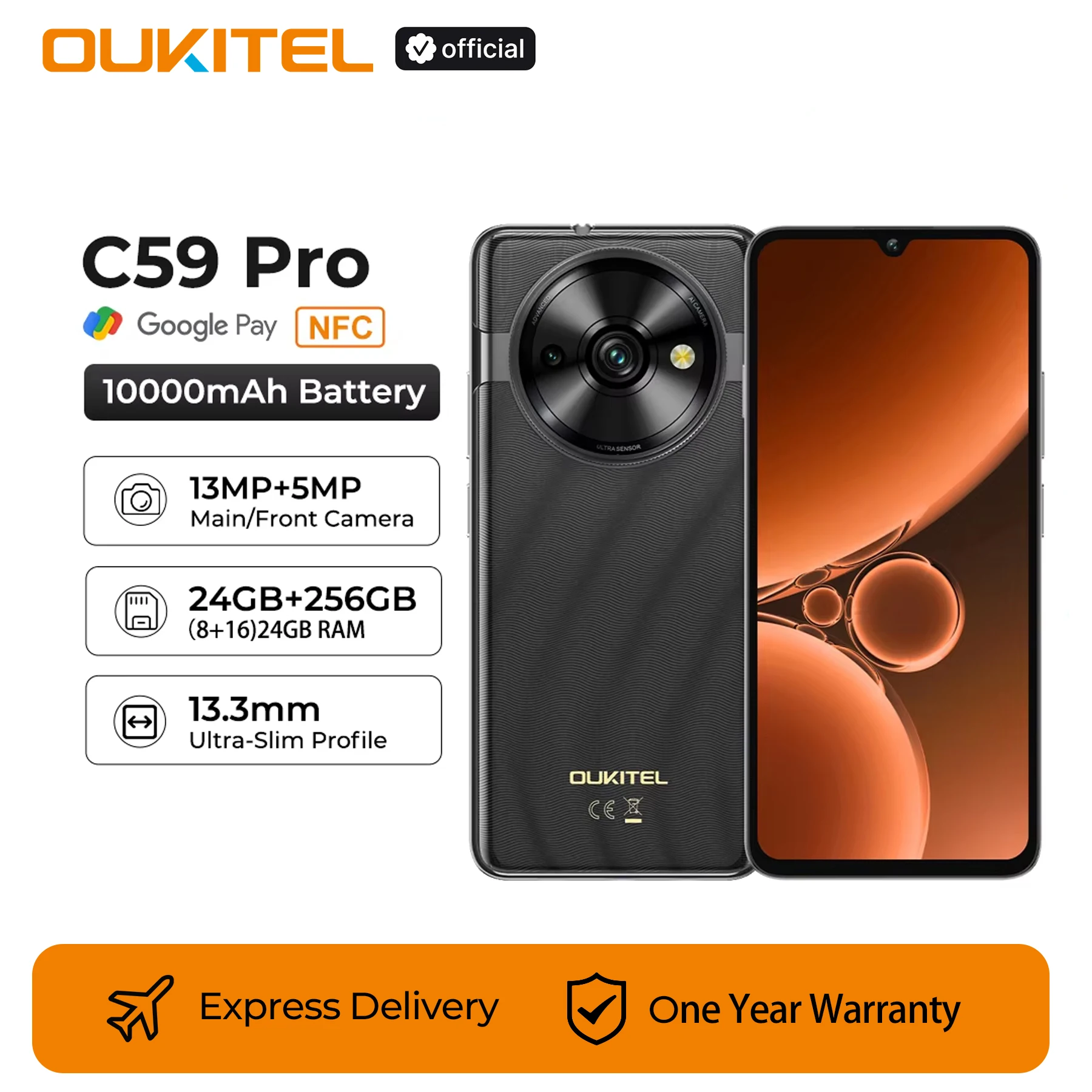 Oukitel C59 PRO smartphone 10000mAh Battery 24GB+256GB 6.88''HD 90Hz Android 15 13.3nm 36mm Powerful Speaker cell phone