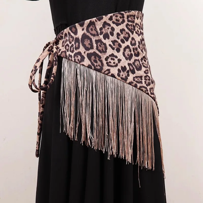 

Women's Fashion Hot Leopard Tassel Cummerbunds Female Dress Corsets Waistband Belts Decoration Wide Belt R789