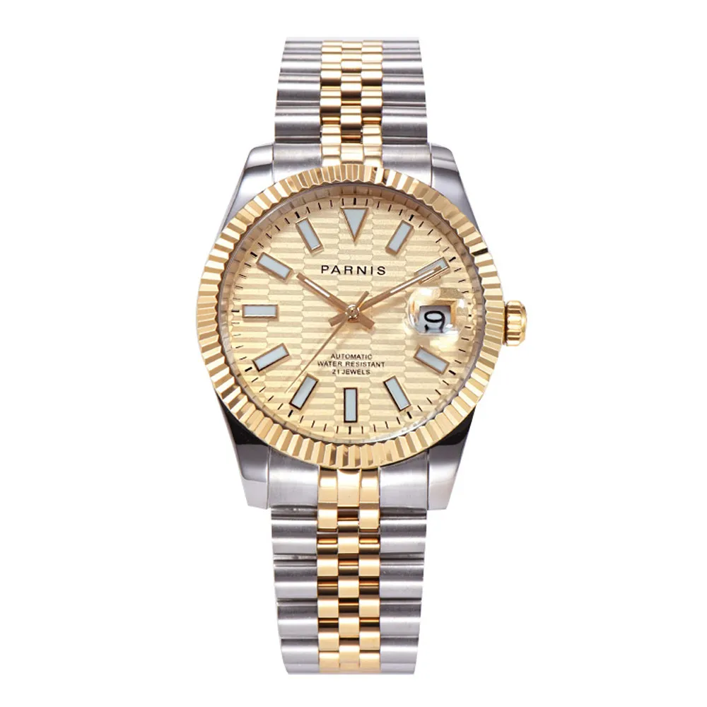 Parnis 39.5mm New Design Gold Color Sapphire Crystal Elegant Luminous Marker Automatic Men Wristwatch