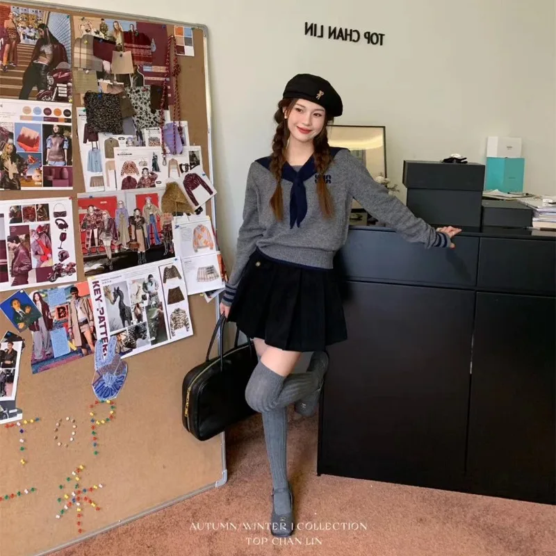 Women Autumn Winter Casual Preppy Style Striped Color Blocking Knitting Women Clothing All-match Slim Long Sleeve Pullovers Tops