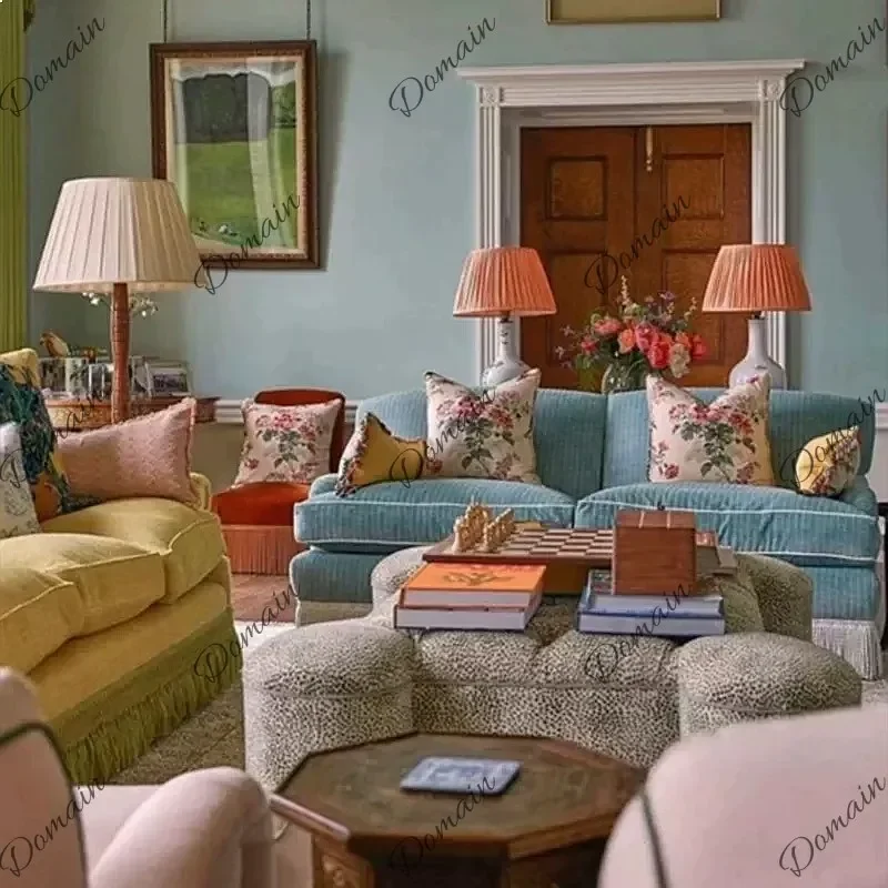 ZL French Retro Velvet Sofa with Tassel, Blue Yellow Living Room Sofa Set, Detachable Washable Villa Sofa