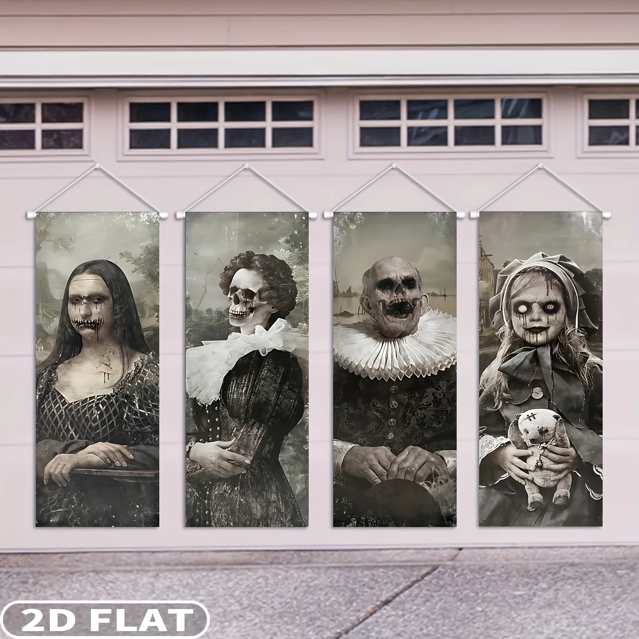 4pcs Halloween Banner Ghost Images, Gothic Villa Portrait Background, Retro Halloween Portraits Backdrop, Female Skull Ghost