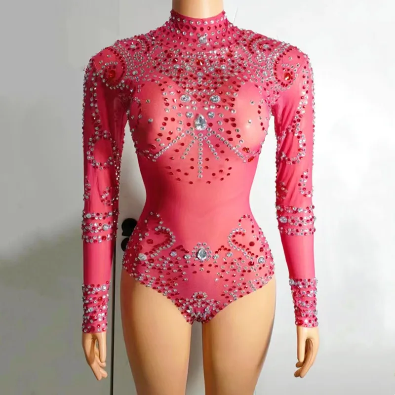 Purple Crystal Long Sleeve Mesh Transparent Bodysuit Sexy Dance Costume Nightclub Rhinestones Tights Women Leotard Stage Wear