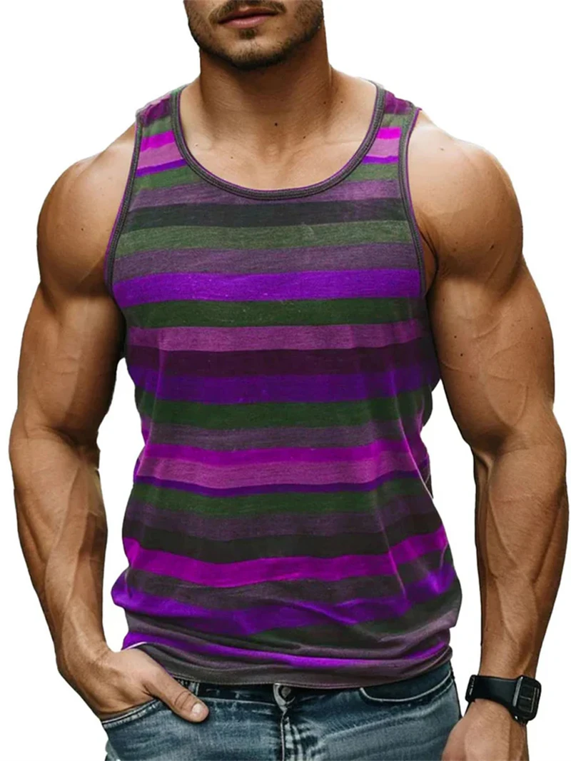 

Vintage Stripe Graphic Tank Tops For Men Fashion Casual Summer Sleeveless 3D Printed Vest Loose Crew Neck Quick Dry Sports Tees