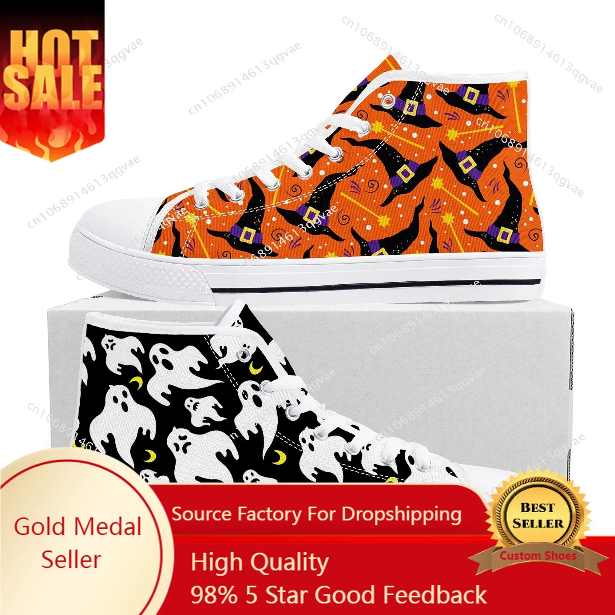 

Halloween Pumpkin High Top High Quality Sneakers Mens Womens Teenager Canvas Sneaker Casual Couple Shoes Custom Made Shoe White