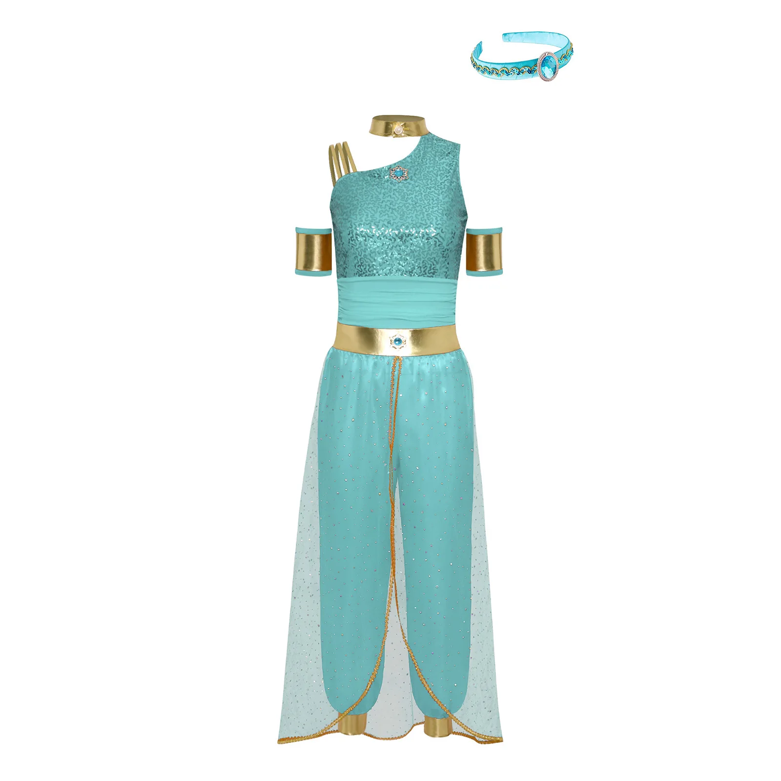 أزياء الأميرة العربية للمهرجانات النسائية، بدلة ديكور جوهرة الرقص الهندي مع أغطية الرأس والأكمام، ملابس تنكرية للهالوين