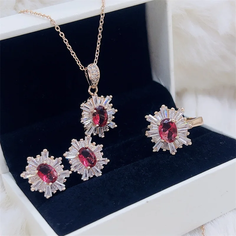 Princess Diana 925 Sterling Silver 4ct Oval Red Ruby Gemstone Rings Earrings Necklace Jewelry Sets for Women Wedding Bridal