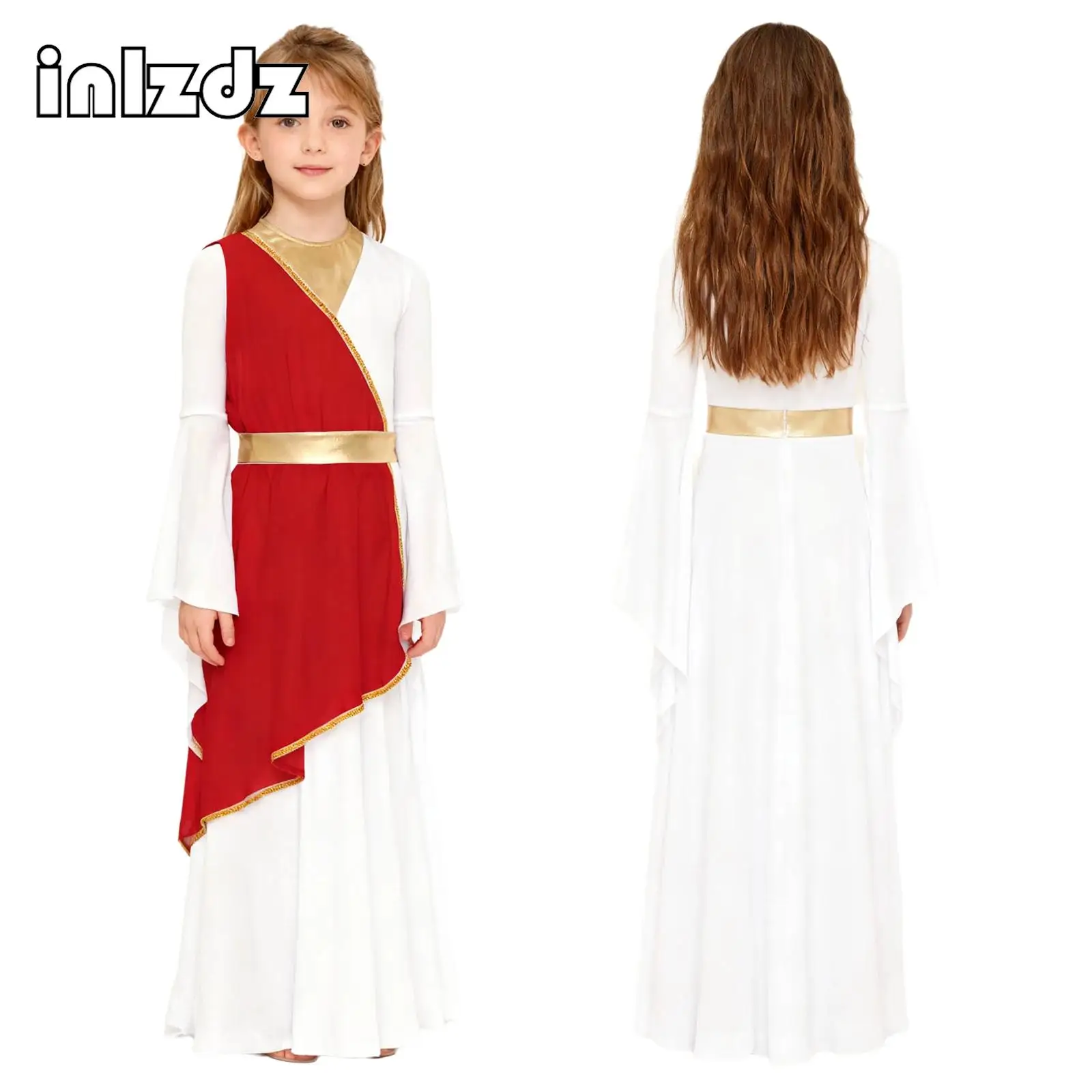 

Girls Ancient Greek Princess Halloween Cosplay Costume Long Sleeve Contrast Dress for Carnival Masquerade Party Performance
