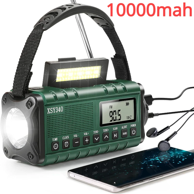 10000mAh Waterproof Emergency Radio Solar Hand Crank Weather Radios with AM/FM Flashlight Reading Lamp SOS Alarm for Outdoor