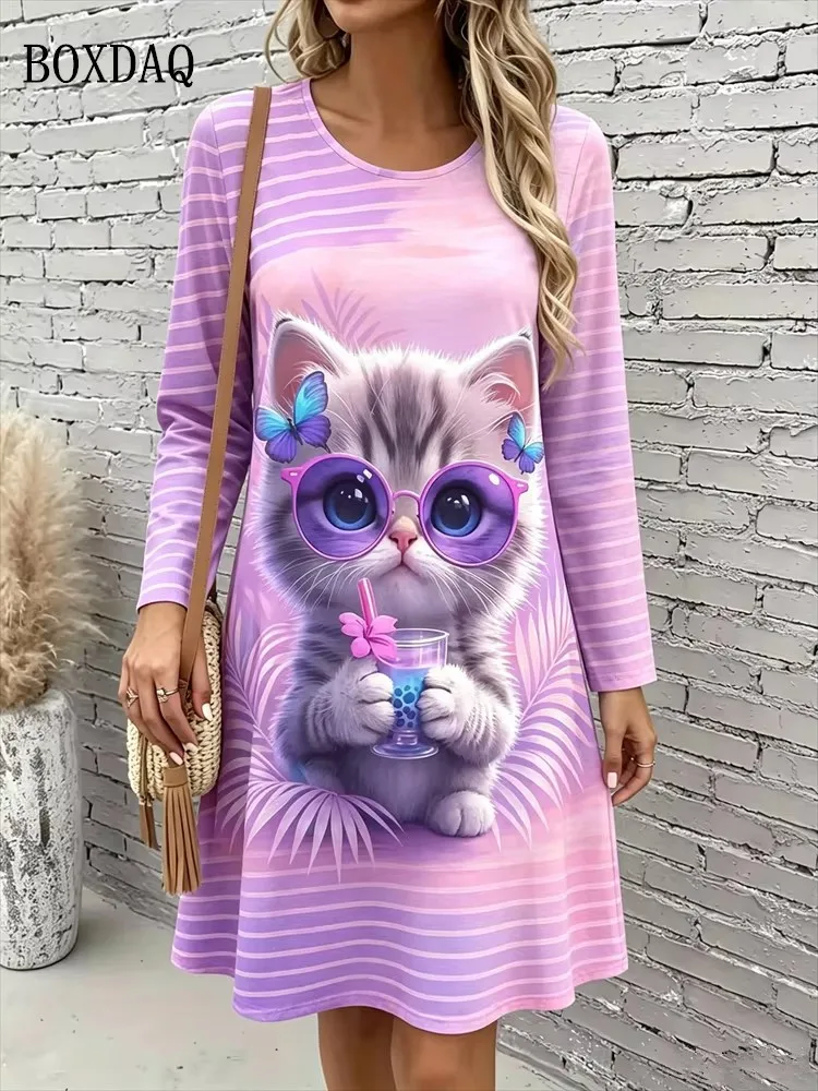 Cute Cat Floral 3D Print Dresses Women's Fashion Gradient Long-Sleeve Dress Autumn Winter Daily Casual Women's Loose Home Dress view 2