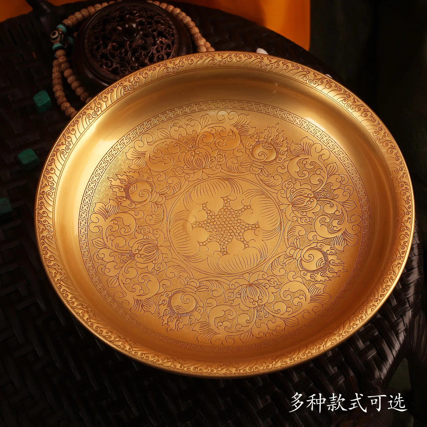 New Tibetan Pure Copper Eight Auspicious Galsang Flower Fruit Plate Carved Offering Tray for Home Buddha Worship