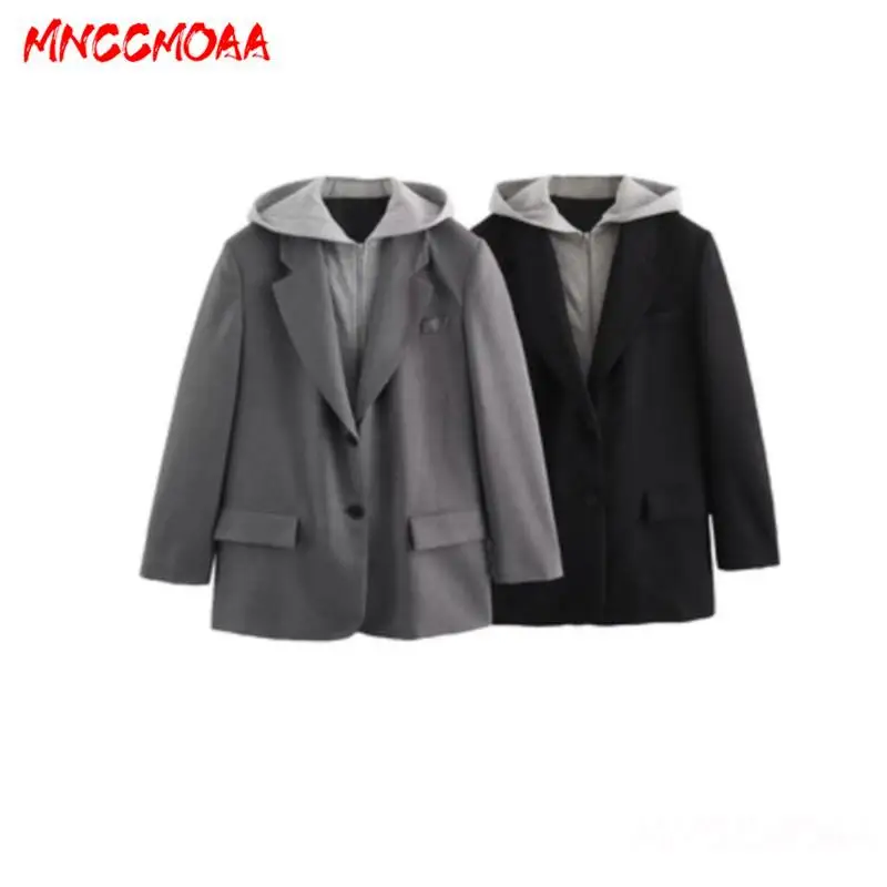 MNCCMOAA-Hooded Splice Blazer for Women, Long Sleeve Coat, Button Pockets, Loose Outerwear, Casual Fashion, 2024