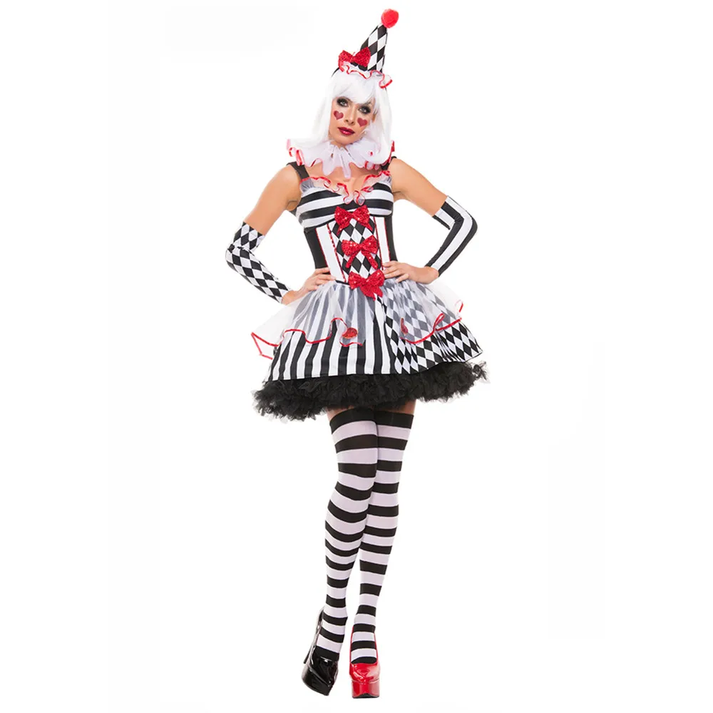 Adult Women Circus Clown Joker Costume Halloween Cosplay Black White Tutu Dress Carnival Party Performance