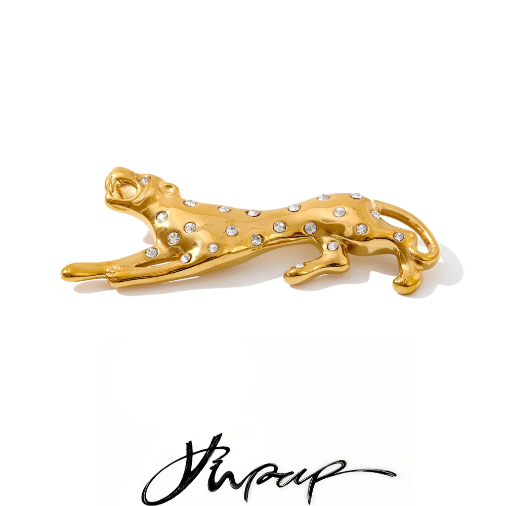 Yhpup Brosche aus Edelstahl mit Zirkonia und Leopardenmuster für Damen und Herren, hochwertige goldene Modekleidung, Unisex-Accessoires