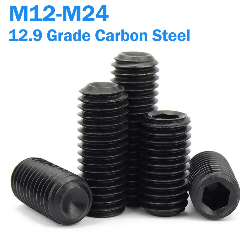 1/2/3pcs 12.9 Grade Carbon Steel Hex Socket Set Screw M12 M14 M16 M20 M24 Headless Cup Point Set Screw Length:8-100mm