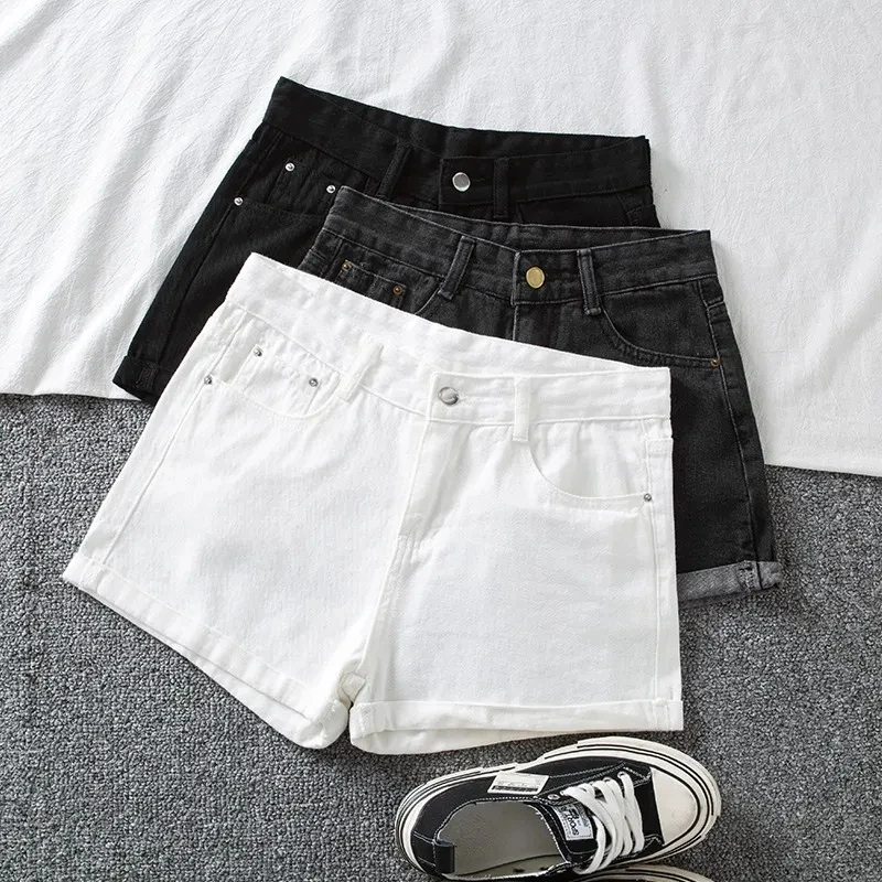 Summer Denim Shorts Women High Waist Button Wide Leg Short Pants Fashion Casual Female Loose Black White Gray All Match Jeans