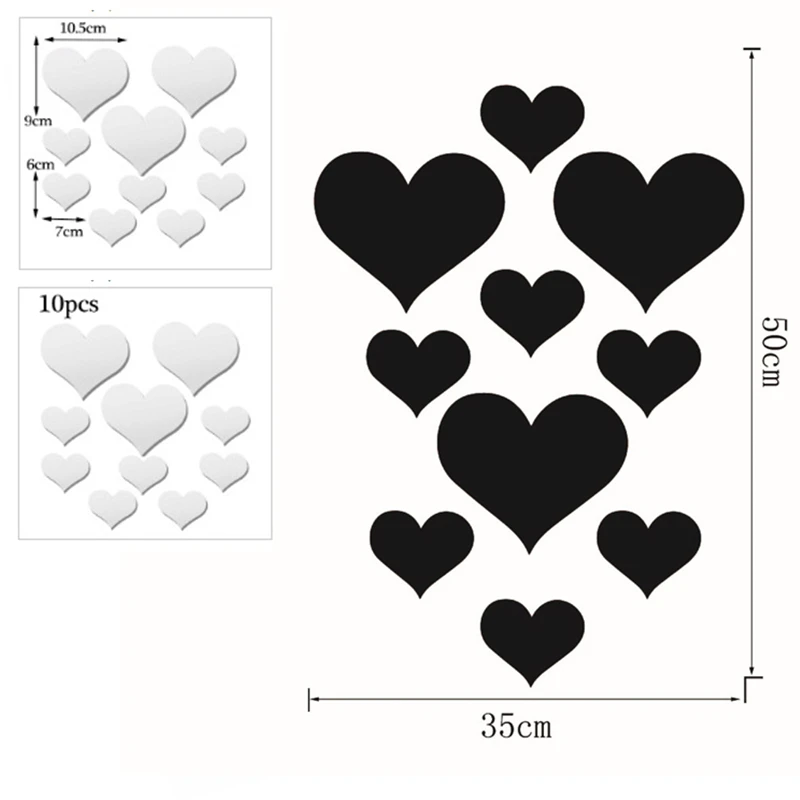 10pcs/Set 3D Mirror Love Hearts Wall Sticker For Kids Rooms Wedding Decoration Mirror Wall Decals Love DIY Art Mural Home Decor