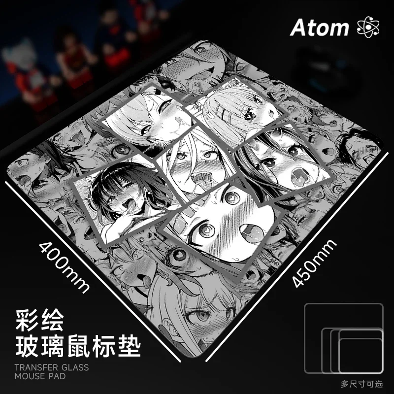 ATOM Tempered Glass Mouse Pads Customized Shy Girl Patterns Laser Engraving Technology Desk Hard Pad PC FPS Gaming Mouse Pads