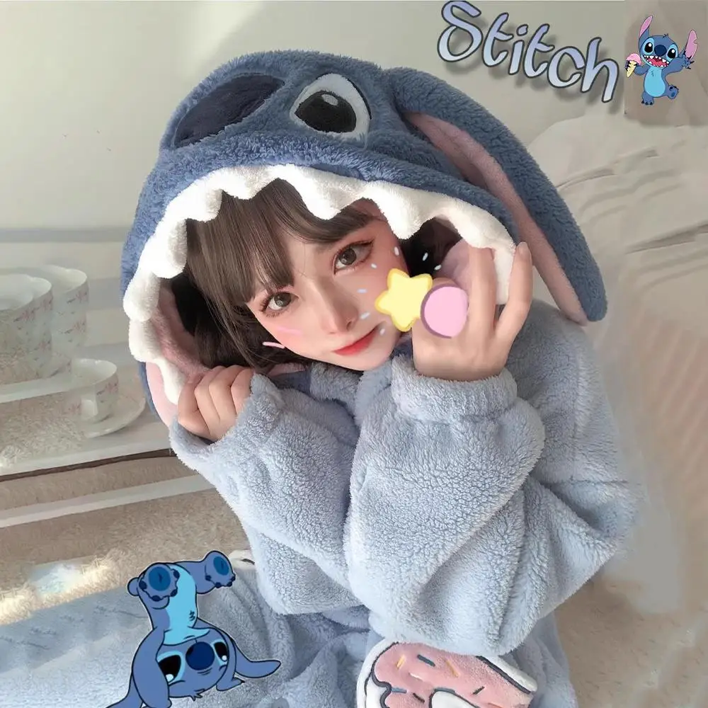 Winter Cartoon Stitch Women's Hooded Sleepwear Fuzzy Kawaii Anime Cute Warm Pajamas Wear Capes Cloaks Hooded Ponchos Couple Gift