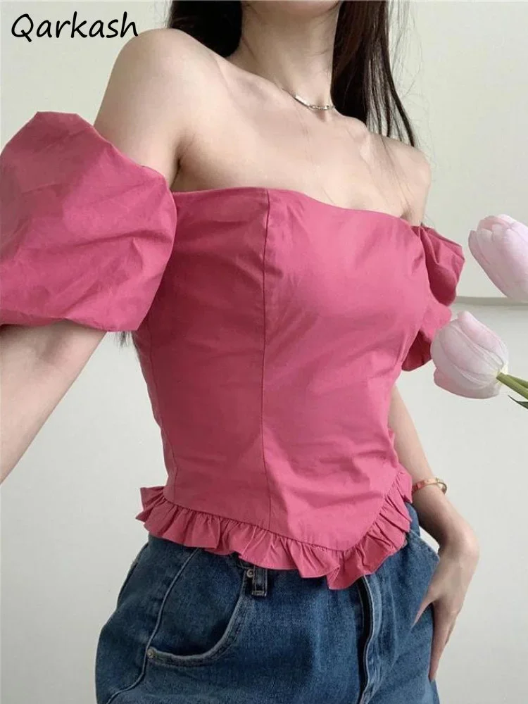 

Slash Neck Blouses for Women Ruffles Solid Puff Sleeve Summer Crop Tops Slim Fit Hotsweet Korean Style Fashion Tender Popular